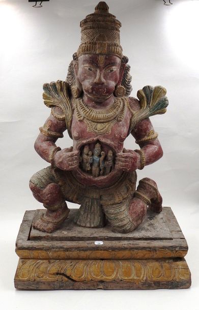null Un sujet en bois sculpté représentant le dieu HANUMAN, Indes, début du Xxème...