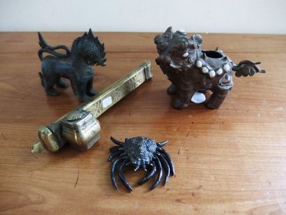 null A set of two Chinese dogs and a bronze crab. A bronze travel inkwell is att...