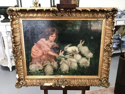 null Ecole française XIXème siècle, Jeune fille aux lapins, Huile sur toile, cadre...