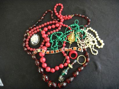 null Fancy JEWELS set, composed of 4 plastic necklaces in red gradient, and a necklace...
