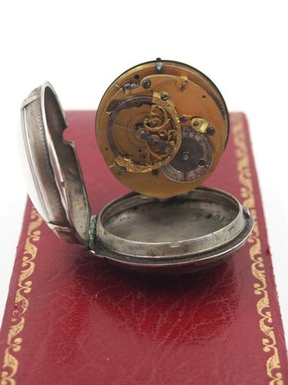 null A silver gusset watch, decorated with a painted farmhouse scene on the back....