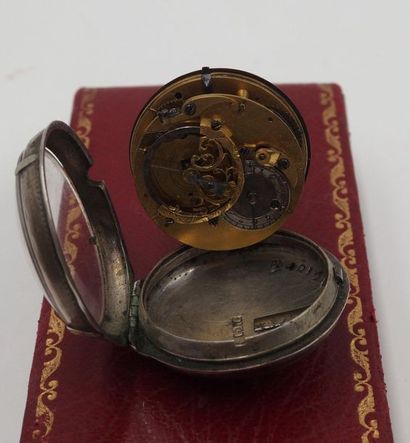 null A silver gusset watch, decorated with a painted farmhouse scene on the back....