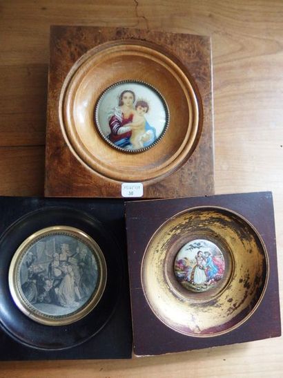 null Set of three miniatures: engraving, porcelain, Virgin and child