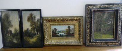 null A set of thirteen framed pieces including :

- 4 Oils on panel, Riverside, Undergrowth

-A...
