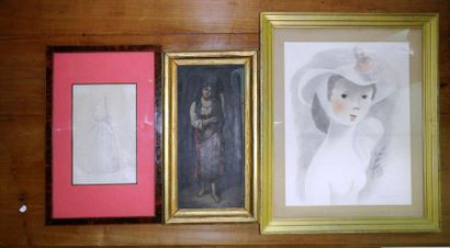 null Set of seven framed pieces including :

- watercolor portrait of a woman by...