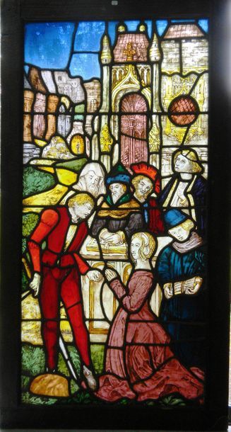 null Large polychrome, grey and silver yellow stained glass panel. Wedding scene...