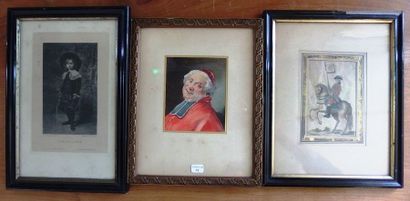 null A small watercolour of cardinal monogrammed B.B., two framed engravings are...