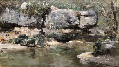 null Adolphe APPIAN (1818-1898)

Rochers en bord de rivière

Huile sur carton entoilé

Signée...