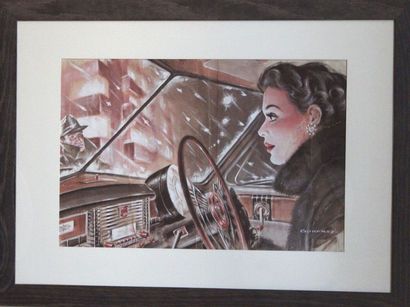 null Godfrey 

Young woman driving her Nash

 Coloured charcoals on paper, signed...