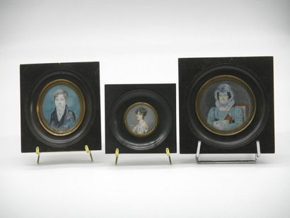 null Set of three framed miniatures. 

Young man signed F dated 1825, wear and tear.

Matriarch...