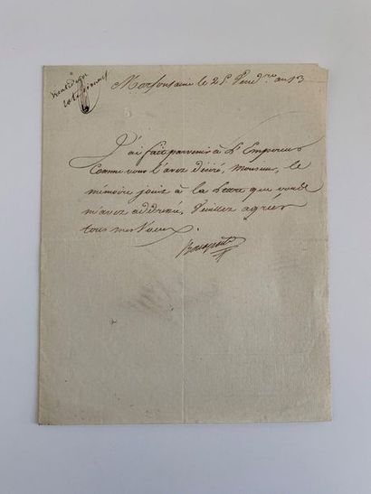 null BONAPARTE (Joseph). Letter signed "Bonaparte". Castle of Mortefontaine [in the...