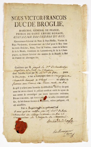 null BROGLIE (Victor-François de). Piece signed in his capacity as head of the brigade...