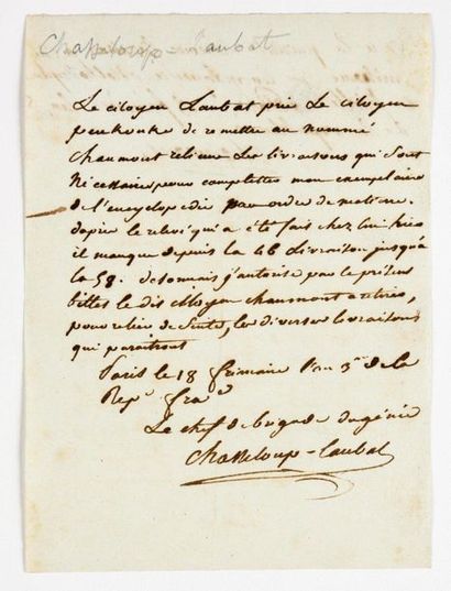 null CHASSELOUP-LAUBAT (François de). Autograph letter signed to the publisher Charles-Joseph...