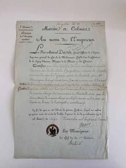 null DECRÈS (Denis). Exhibit signed in his capacity as Minister of Marine and Colonies,...