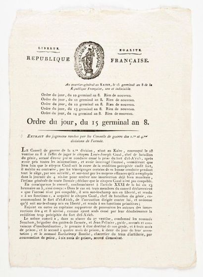 null EGYPT EXPEDITION. - DAMAS (François-Étienne). Printed agenda (15 germinal year...