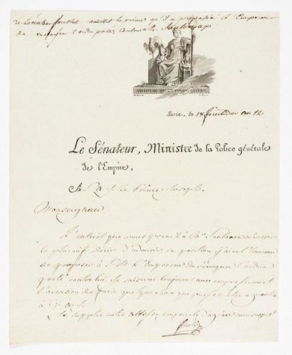 null FOUCHÉ (Joseph). Lettre signée À JOSEPH BONAPARTE. Paris, 18 fructidor an XII...
