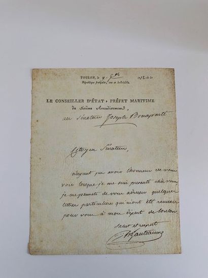null GLOVE (Honoré). Autograph letter signed TO JOSEPH BONAPARTE. Toulon, 9 germinal...