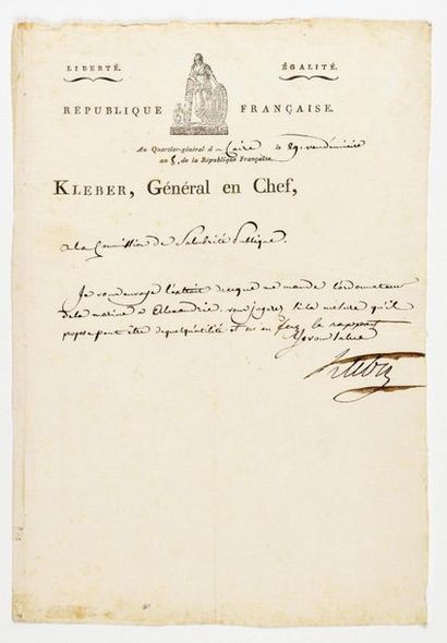 null KLÉBER (Jean-Baptiste). Lettre signée en qualité de général en chef de l’Armée...