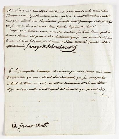 null BEAUHARNAIS (Fanny de). Letter signed and dated by her hand, to count Godefroy...
