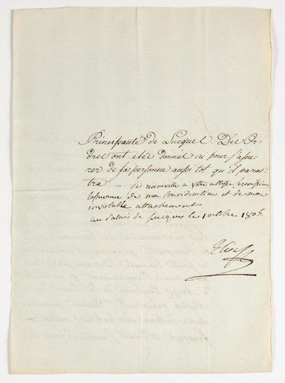 null BONAPARTE (Elisa). Letter signed "Elisa" with 4 autograph lines addressed as...