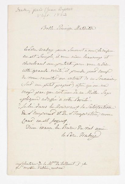 null ISABEY (Jean-Baptiste). Lettre autographe signée à Mathilde Bonaparte. « Au...