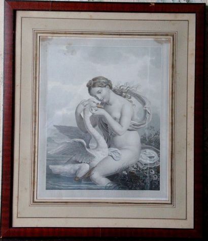 null Paire de gravure en couleurs Léda et le cygne. XIX siècle. (34 x 27 cm) et Lithographie...