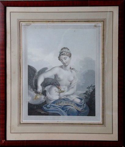 null Paire de gravure en couleurs Léda et le cygne. XIX siècle. (34 x 27 cm) et Lithographie...