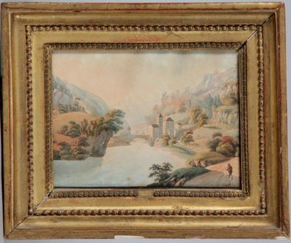 null ECOLE DU XIX siècle Paysage de lac de montagne, Encre de chine et aquarelle....