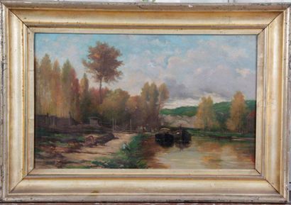 null French school of the 19th century. " The barges " Oil on panel. 27 x 42 cm