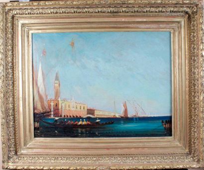 null School of the XIX century "View of Venice" Oil on panel, bears a signature in...