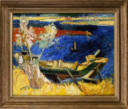 null BERNARD LORJOU (1908-1986) Barque en bord de rivière, 1956 Huile sur toile Signé...