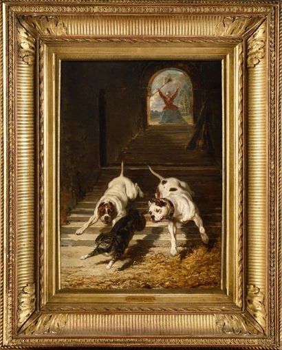 null ALFRED DE DREUX (1810-1860) Chiens et chat Huile sur toile Signé et daté en...