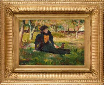 null DIVISIONIST SCHOOL TOWARDS 1900 Elegant lying down and dog in an undergrowth...