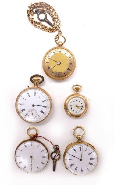 null SET OF FIVE COLLAR WATCHES Four with white enamel background and one with gold...