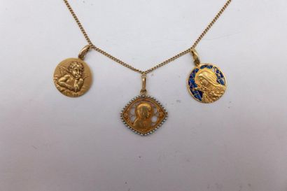 null NECKLACE in 18K yellow gold retaining three biblical medals (2 virgins and an...