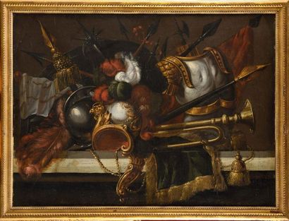null Attribué à Madeleine BOULLOGNE (1646 - 1710) Trophées d'armes et d'instruments...