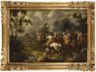 null Attribué à Peter MEULENER (1602 - 1654) Choc de cavalerie Huile sur toile 76,5...