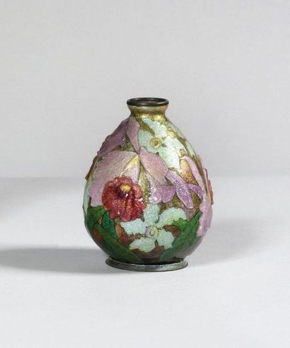 null CAMILLE FAURE (1874-1956) in Limoges Small ovoid enamel vase in low relief with...