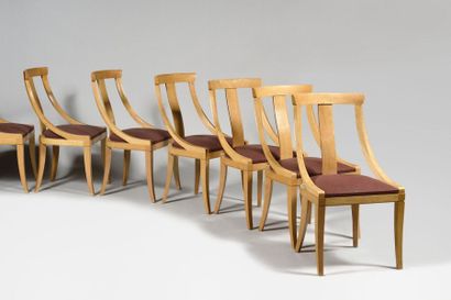 null CONTEMPORARY WORK Suite of eight Restoration-style beech gondola chairs, the...