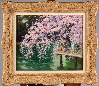 null GEORGES DANTU (1867-1935) Japonaises sous un cerisier en fleurs Huile sur toile...