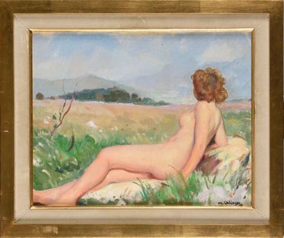 null MAURICE EHLINGER (1896-1981) Fernande devant un paysage Huile sur toile Signé...