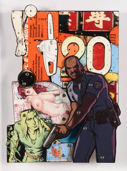null ERIC LIOT (Né en 1964) Que fait la police, 2009 Bois, collage et peinture acrylique...