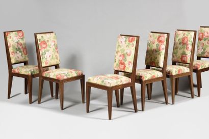 null WORK OF THE 1940's Suite of ten natural wood chairs with rectangular back on...
