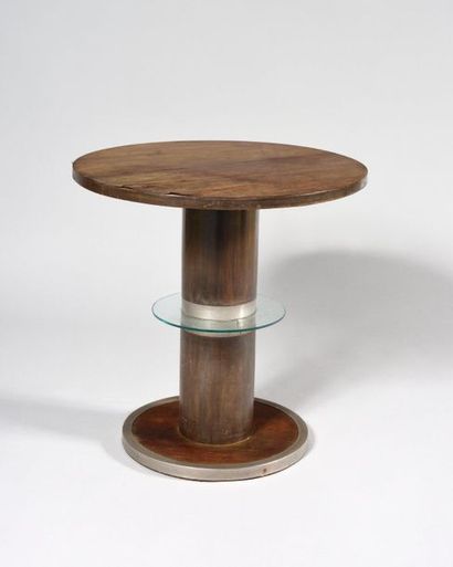 null MODERNISM WORKER Pedestal table with circular veneered top, large cylindrical...