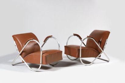 null ENGLISH MODERNIST SCHOOL Pair of comfortable armchairs, seats and backs in imitation...