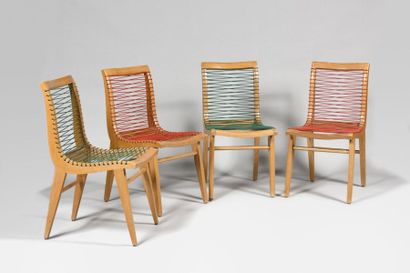 null LOUIS SOGNOT (1892-1969) Suite of four varnished beech chairs with curved seat...