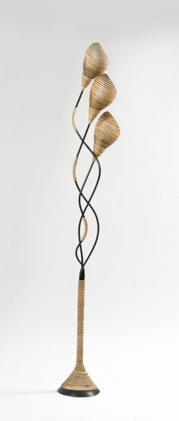 null ITALIAN WORK OF THE 1950'S Floor lamp with braiding of three black metal wires...