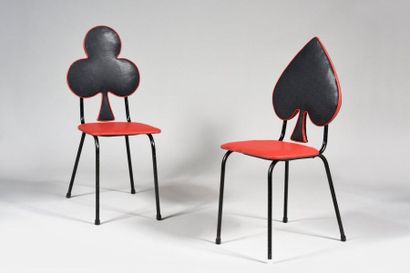 null WORK OF THE 1950's Two chairs with black tubular metal structure with clover...