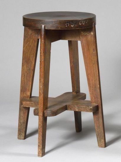 null PIERRE JEANNERET (1896-1967) High stool in partially varnished stained teak,...