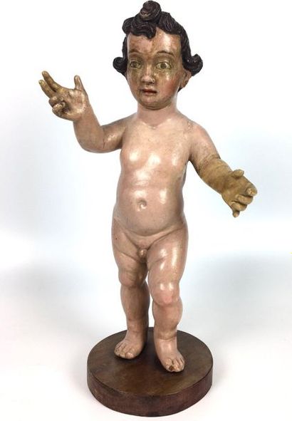 null PUTTO in polychrome painted wood on a circular wooden base Late 18th century...